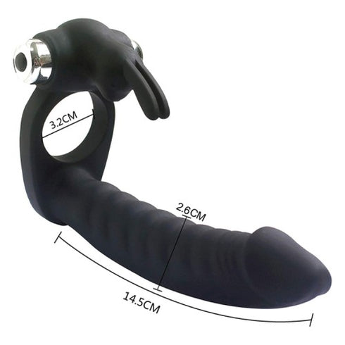 7-Speed Silicone Vibrating Rabbit Cock Ring with Anal Dildo